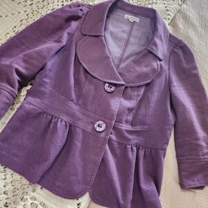 Ambition Womens Button Fitted Twill Blazer Purple Jacket, Petite Large Polished